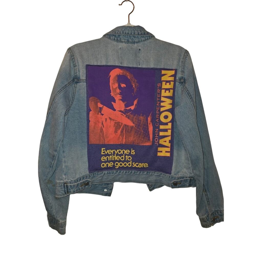 Custom Horror Movie Halloween Jason Denim Jacket Full Back Graphic Womens Sz L